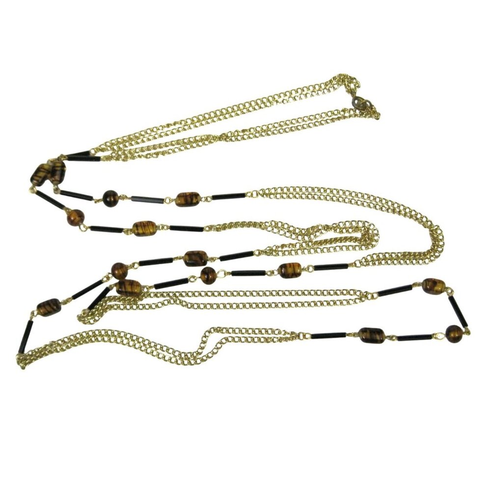 Gold Tone Chain Glass Bead Beaded Necklace Sleek Modern Vintage 50 Inch Lariat